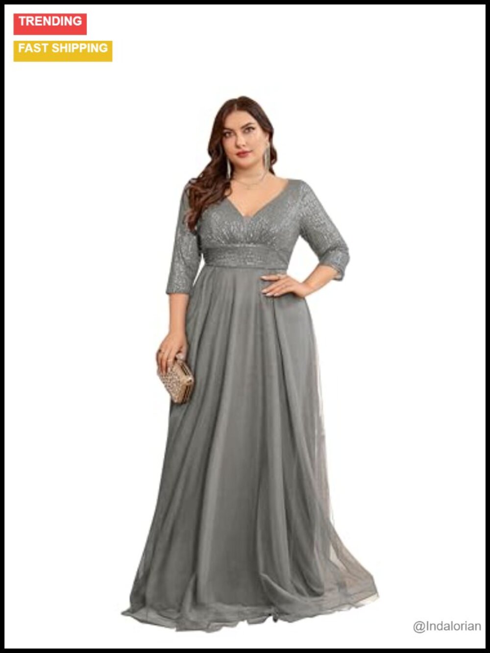 Plus Size Formal Lace Evening Gown V-Neck Long Sleeve Floor Length Dress